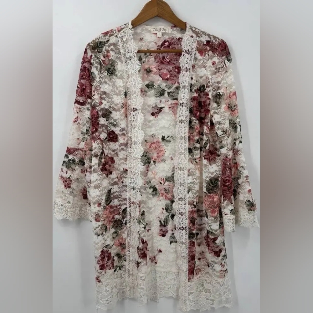 Floral Lace Trim Kimono Cardigan
